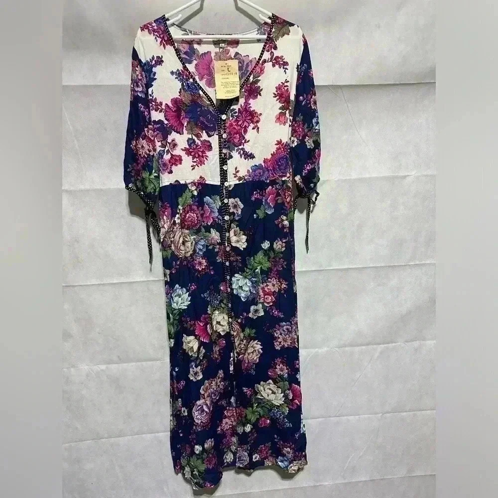 Magic Dress Women’s Sz L Floral Mixed Media Maxi Bohemian Button Down Dress NEW